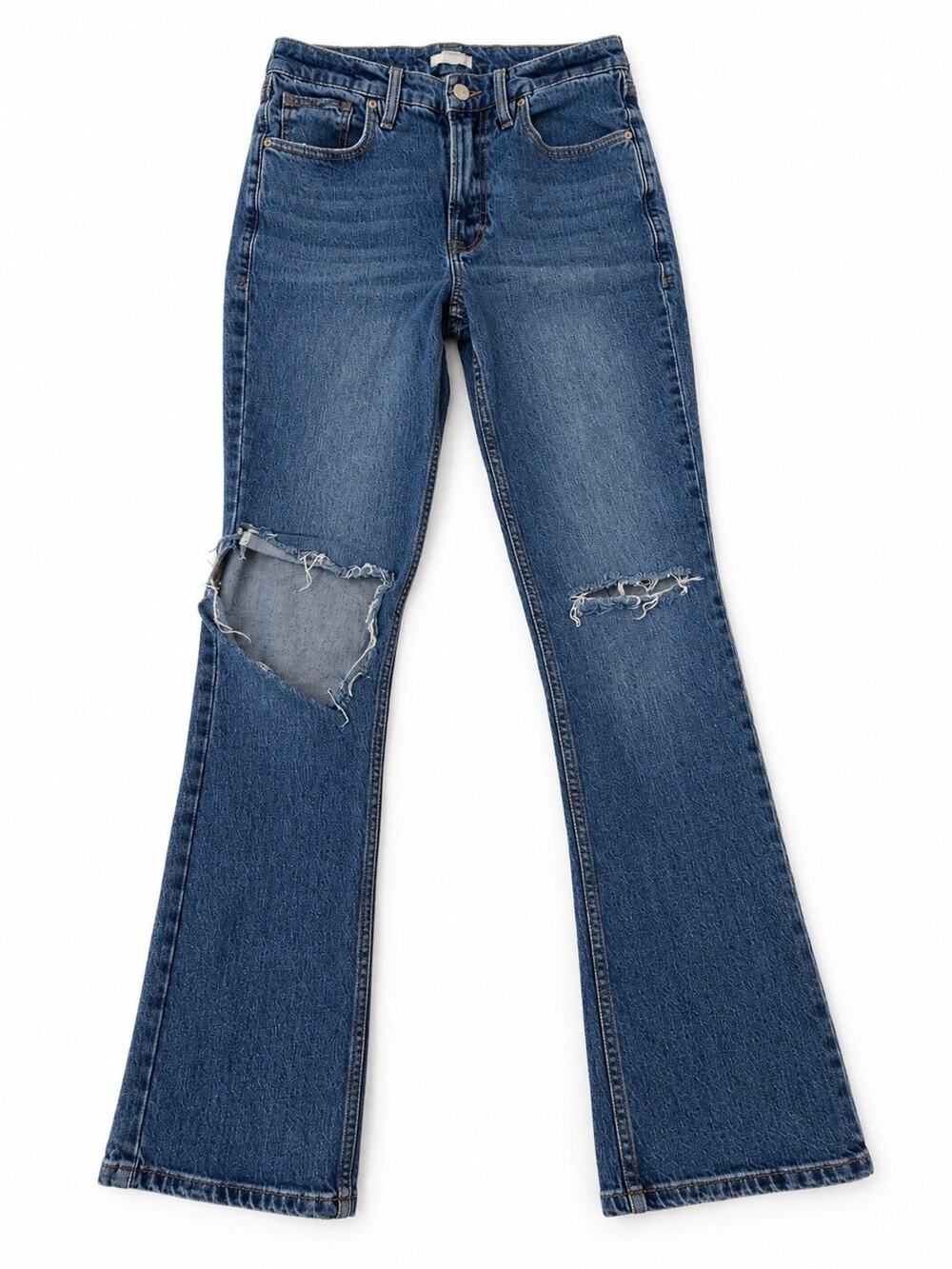 Good American Women’s Size 4/27 Blue Distressed Flare Jeans Ripped Knee